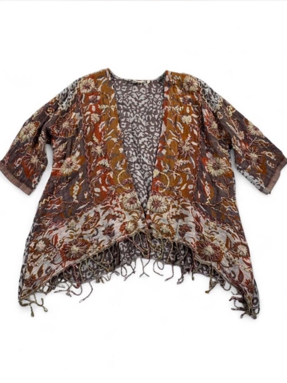Soft Surroundings Boho Rust Floral Embroidered Cheetah Print Fringe Cardigan S/M